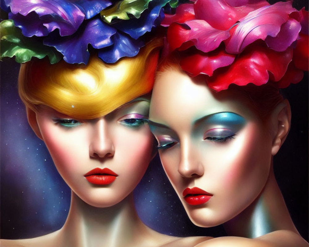 Stylized women with vibrant makeup and flower crowns in starry setting