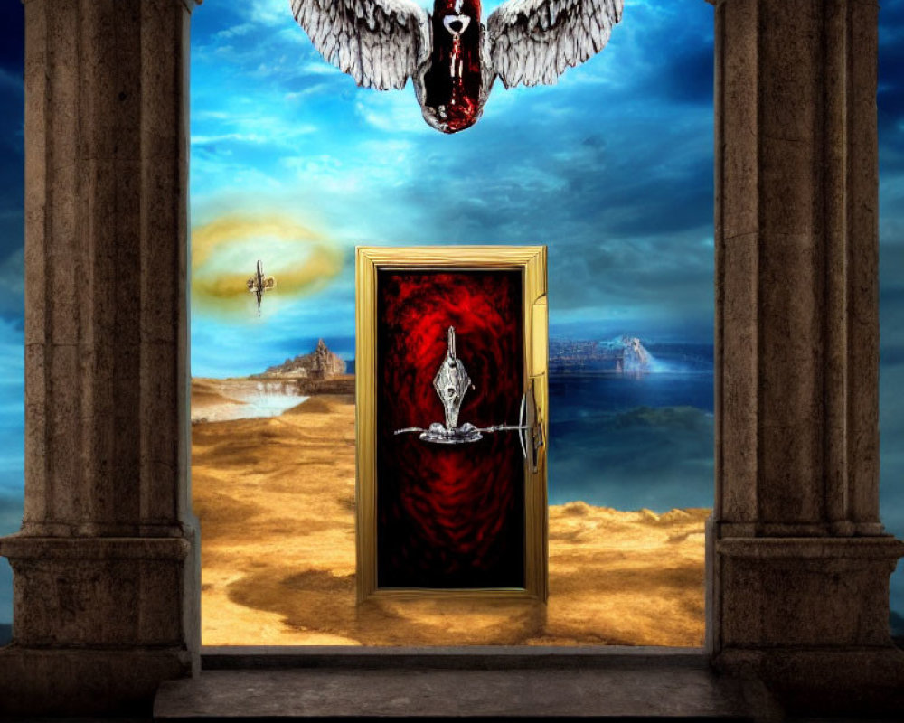 Surreal artwork: winged skull over door, desert and ocean landscapes, dramatic sky