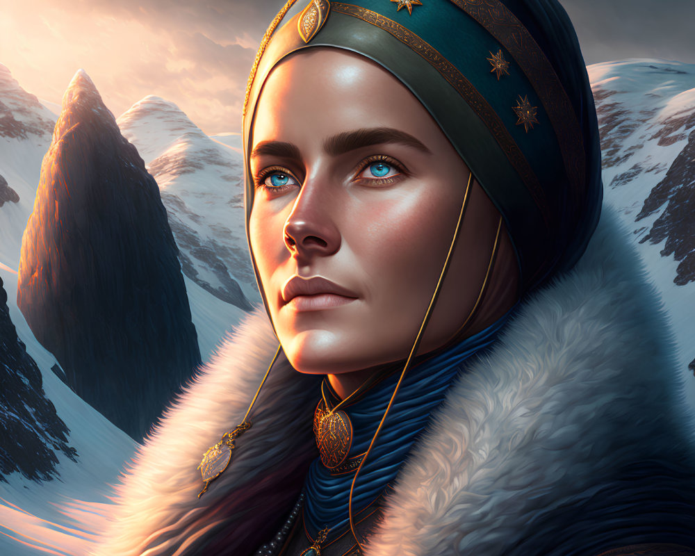 Detailed digital portrait of a woman with blue eyes, ornate headgear, fur, and mountain backdrop