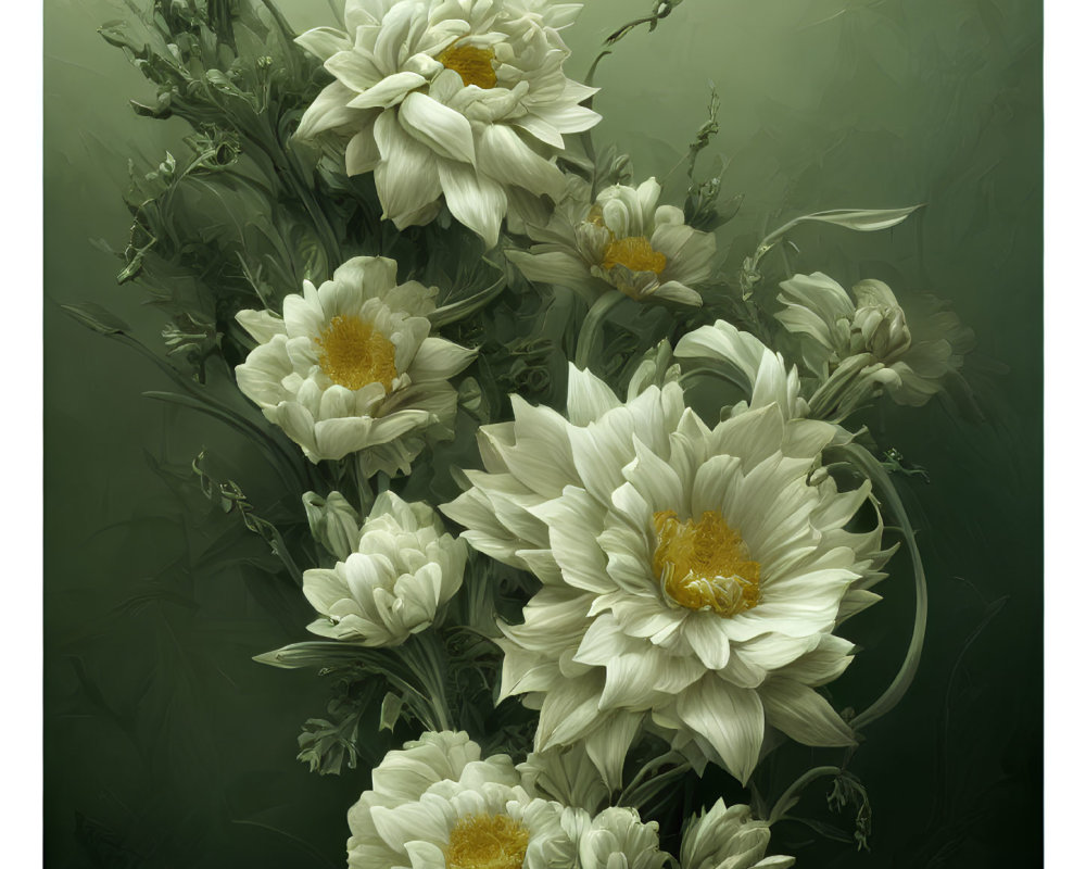 White Peonies with Yellow Centers on Moody Green Background