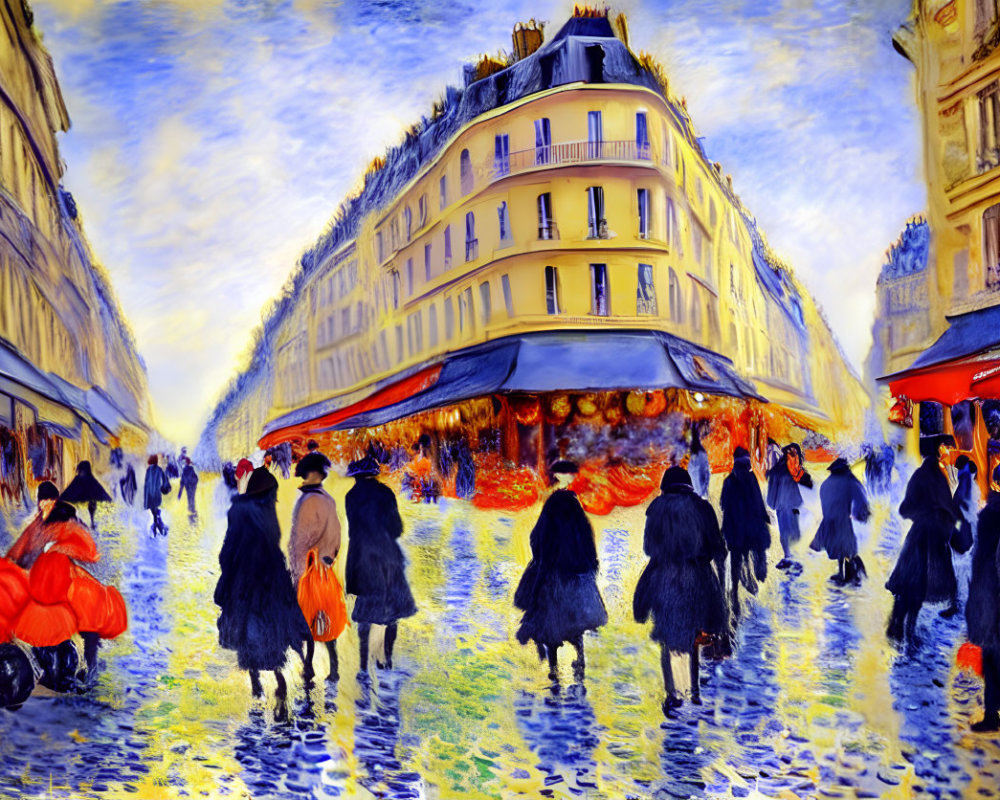 Colorful Impressionistic Painting of Busy Street Corner