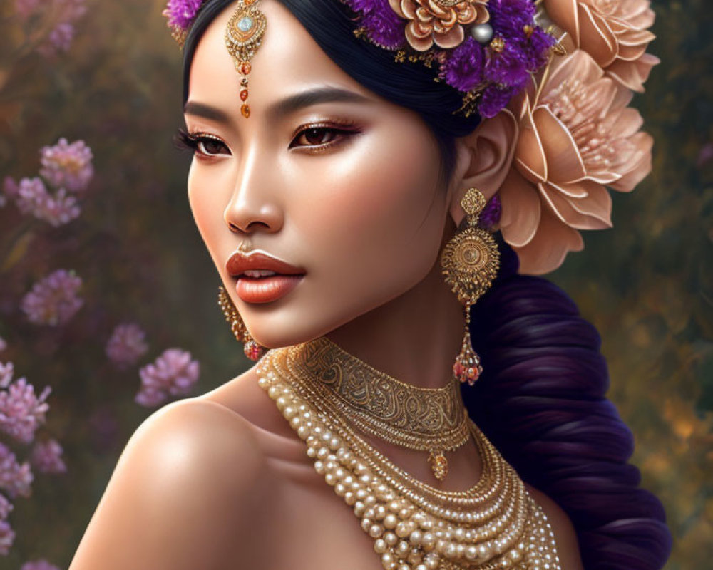 Detailed digital artwork of woman with gold jewelry and floral hair accessories