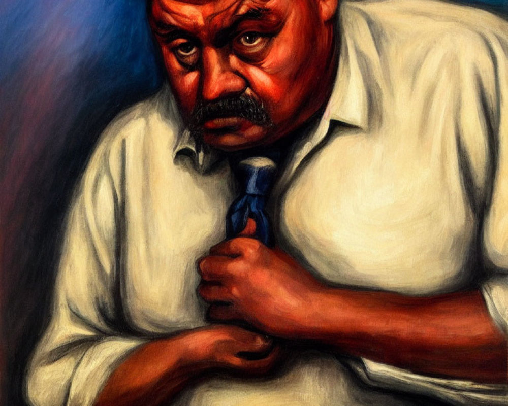 Portrait of a solemn man with mustache in white shirt and blue tie on dark red and blue background