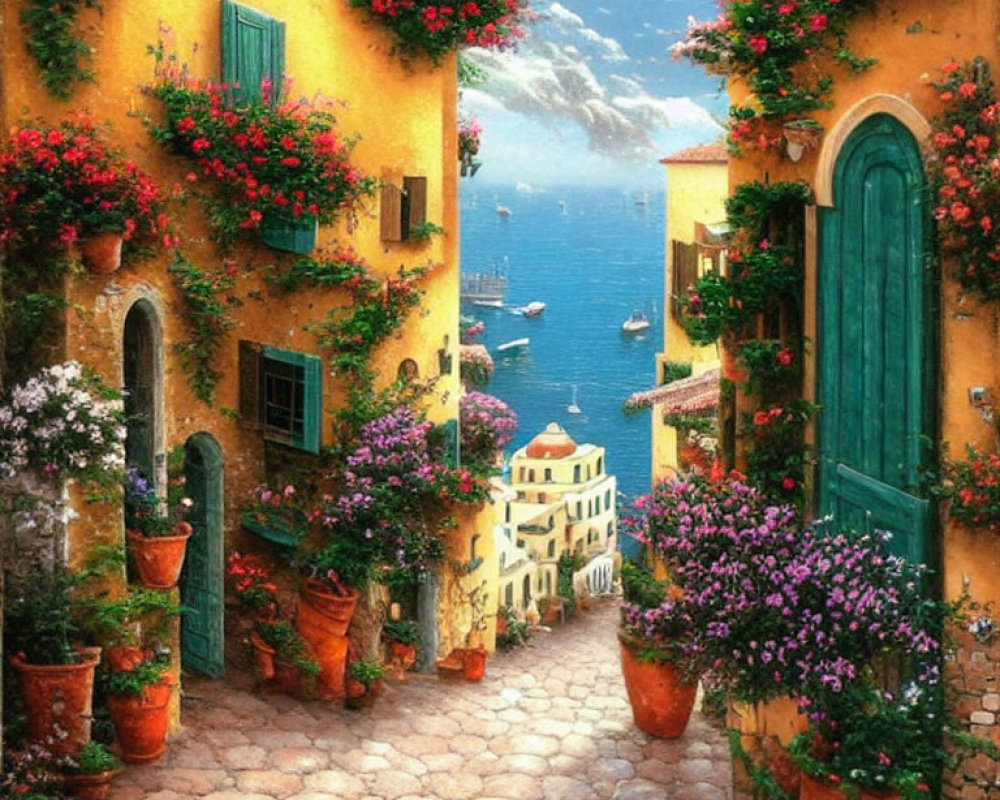 Scenic cobblestone alley with flowers, sea view, boats, yellow walls