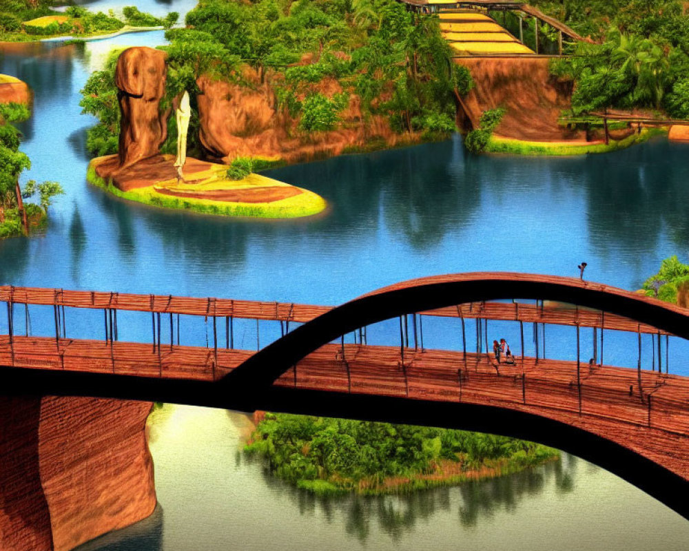 Illustration of bridges over serene waters with trees, waterfall, and person