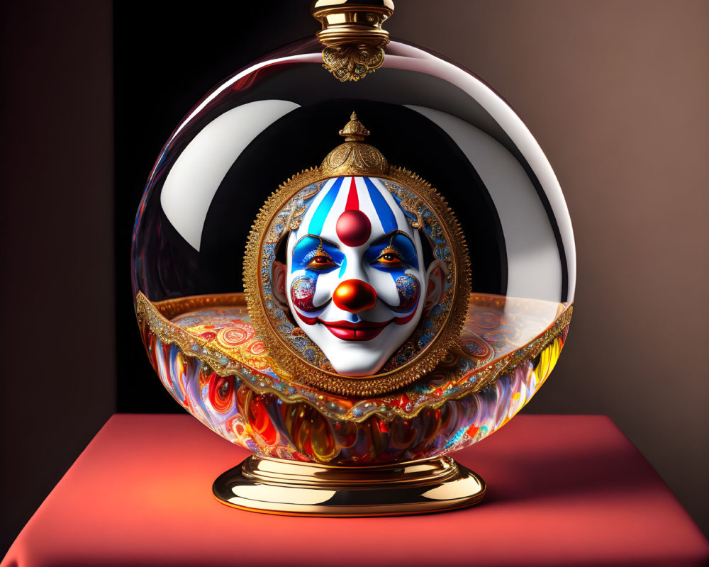 Colorful jester face design on ornate glass perfume bottle