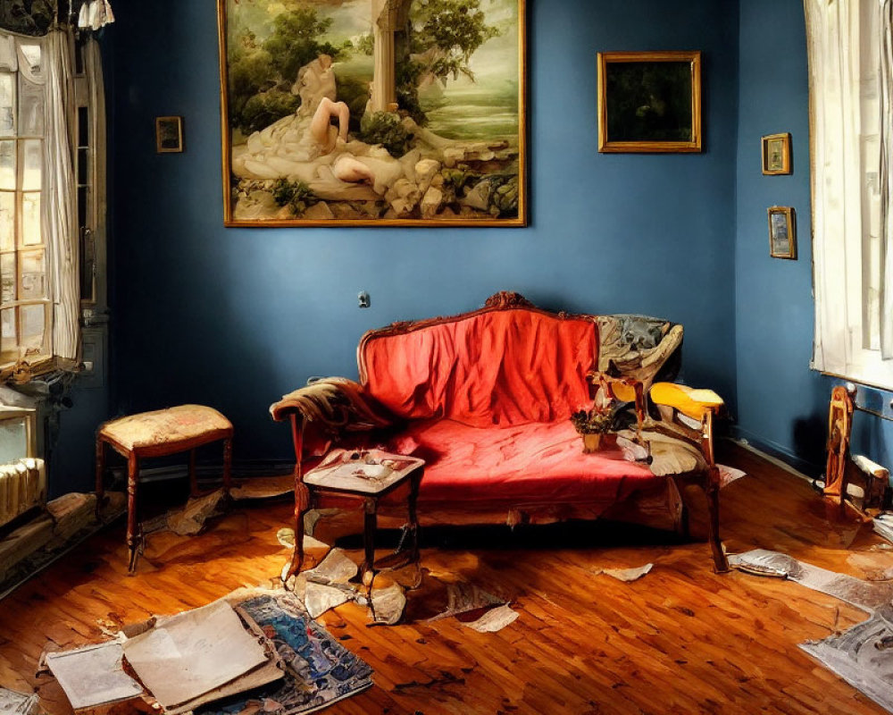 Vintage Room with Red Sofa, Scattered Papers, Classical Paintings, Blue Wall, and Sunlight