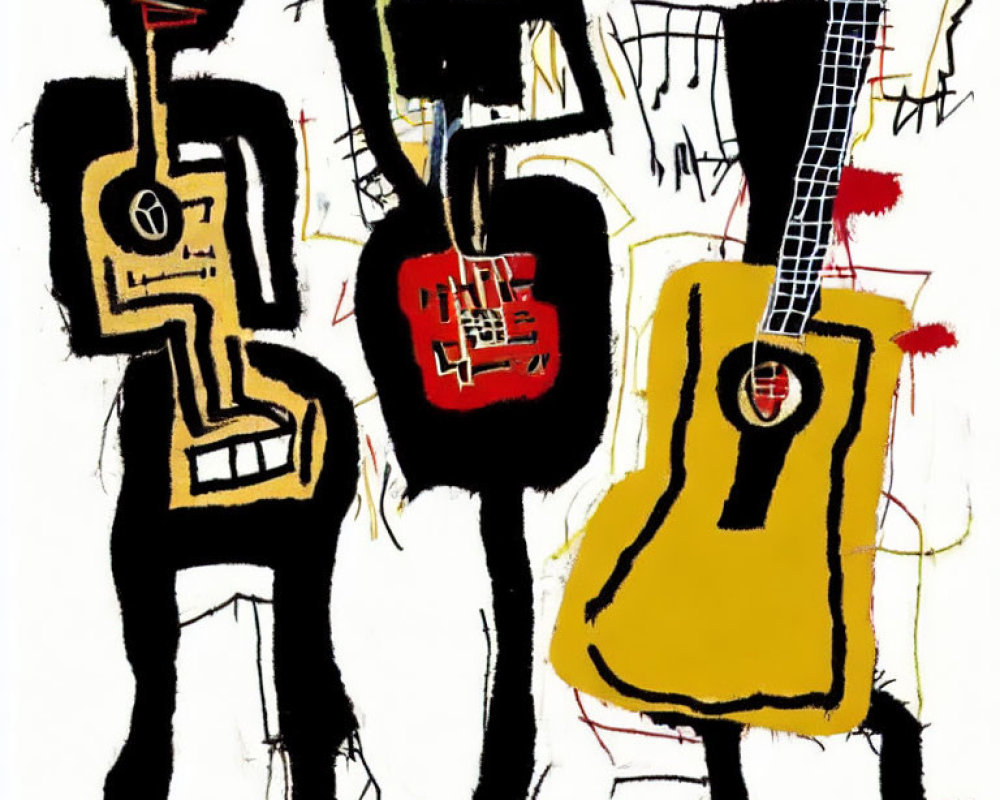 Vibrant abstract art: three guitars in black, red, and yellow on chaotic backdrop