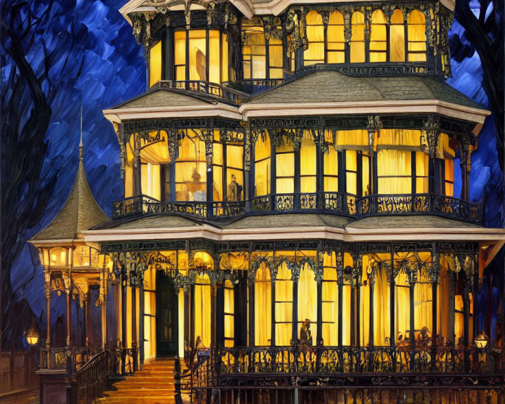 Victorian house with intricate woodwork and wrap-around porch at dusk in front of impressionist-style trees