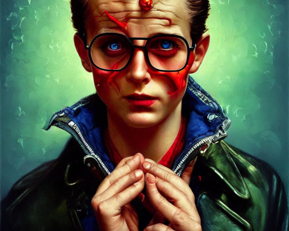 Stylized portrait of young man with blue eyes and red glasses holding a red pill