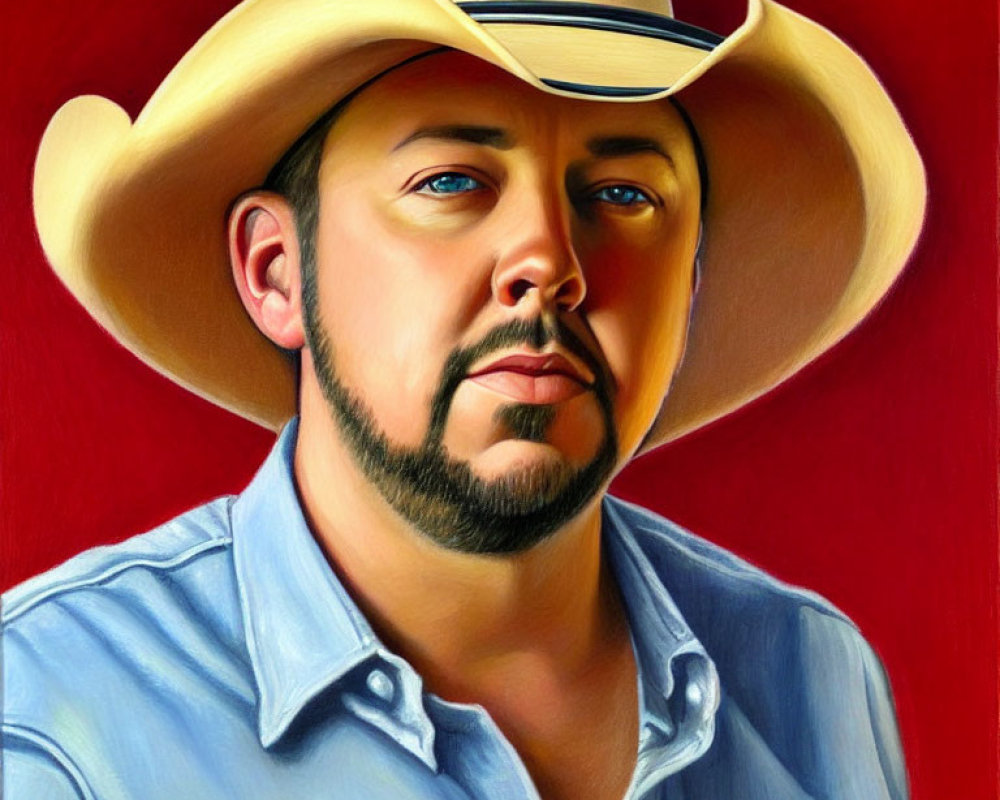 Serious Bearded Man in Straw Cowboy Hat and Blue Shirt on Red Background