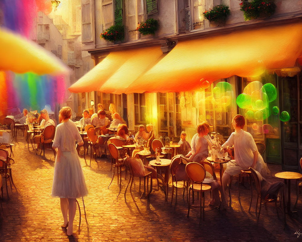 Quaint cobbled street with outdoor café seating and colorful surreal light streaks