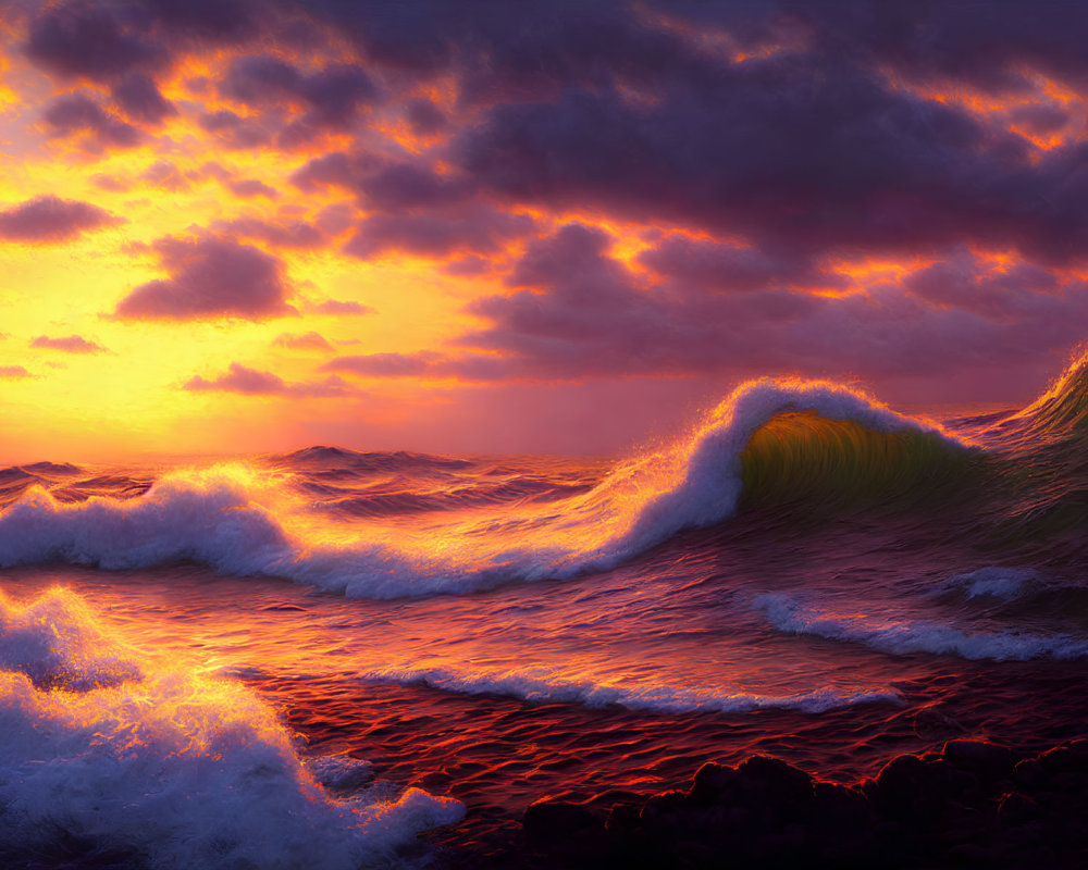 Vivid sunset over turbulent ocean with fiery clouds and powerful waves.