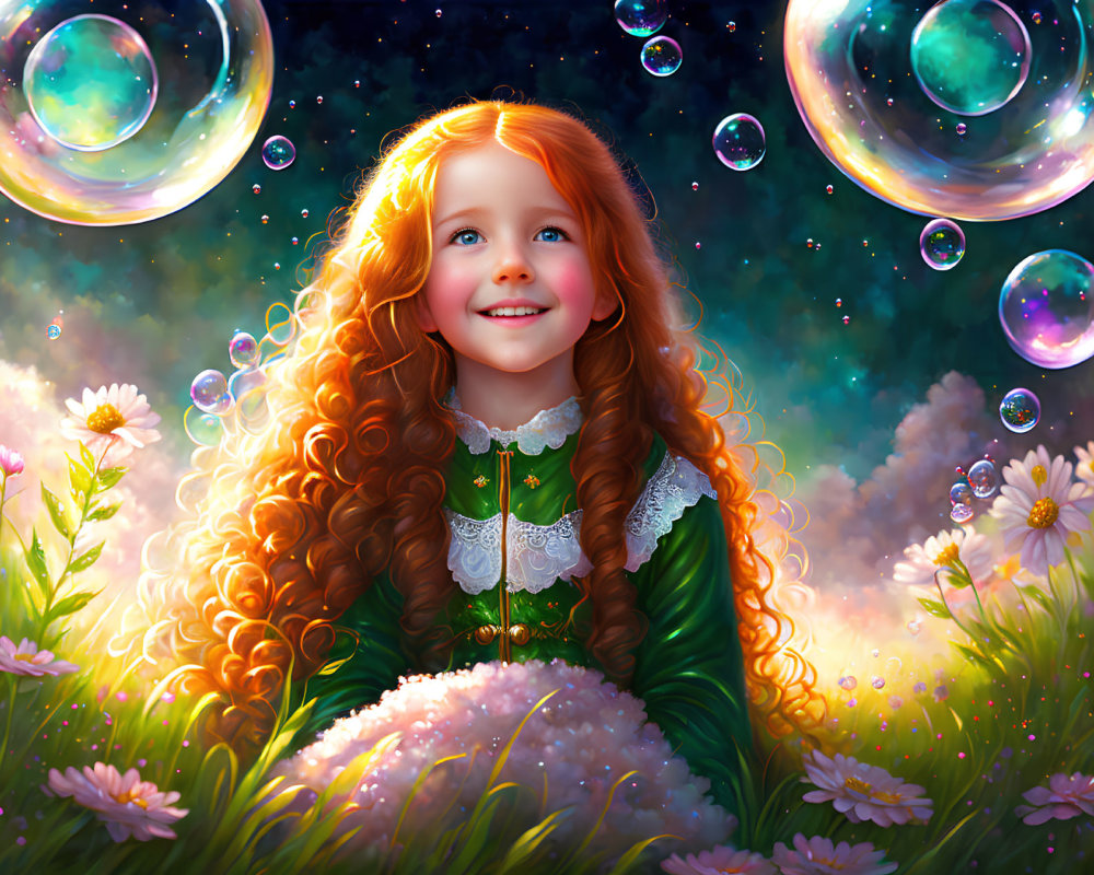 Curly Red-Haired Girl in Green Dress Surrounded by Bubbles and Wildflowers