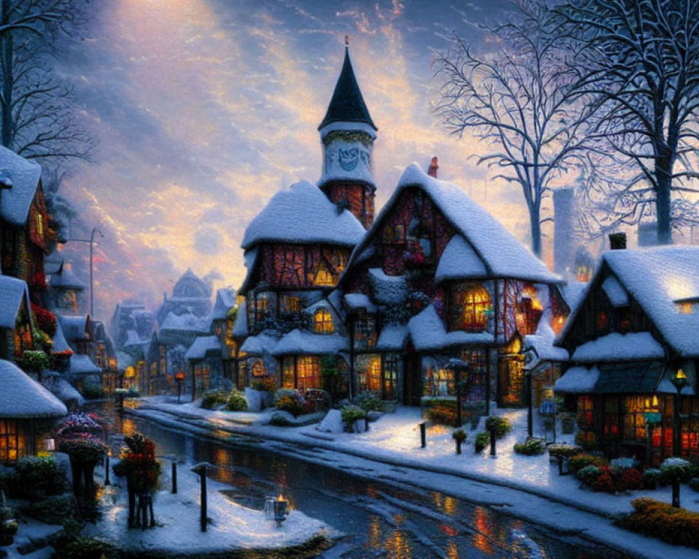 Snow-covered village with street lights and canal at twilight