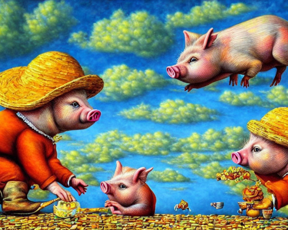 Three pigs in straw hats having a picnic on cobblestone path