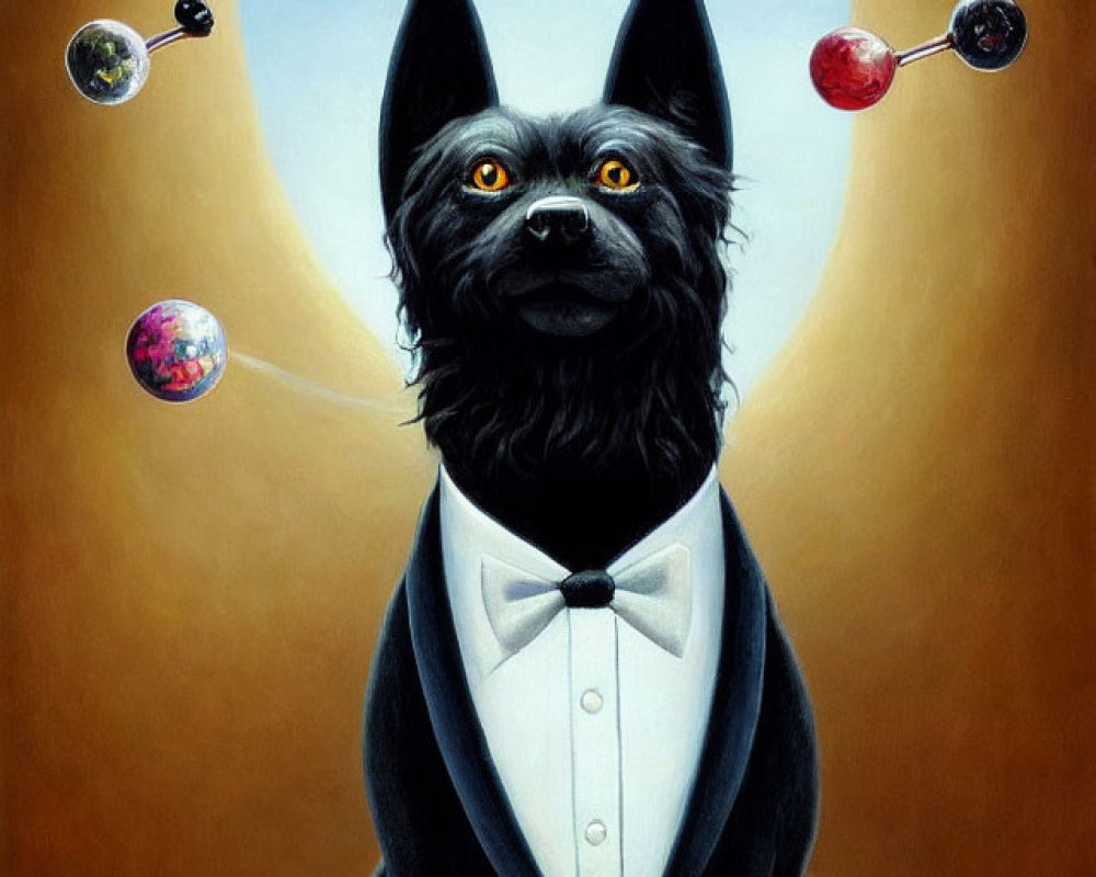 Whimsical painting of black dog in tuxedo with celestial orbs and planets on oval window backdrop