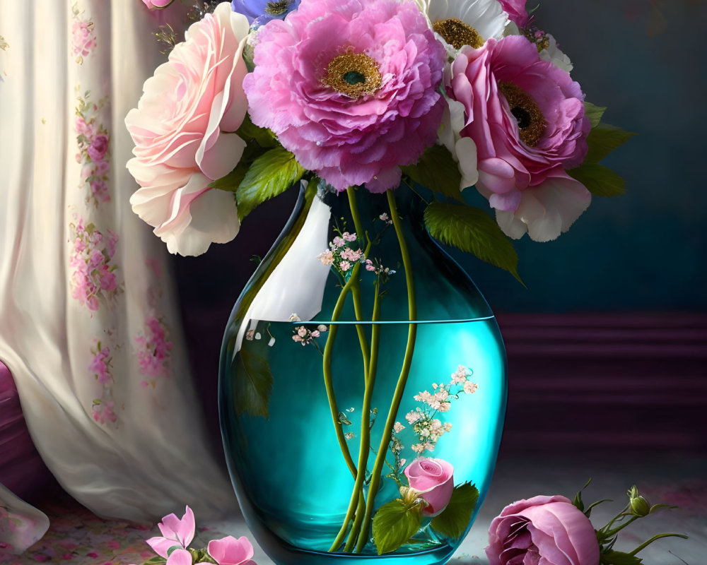 Pink and White Flowers Bouquet in Turquoise Vase by Draped Window