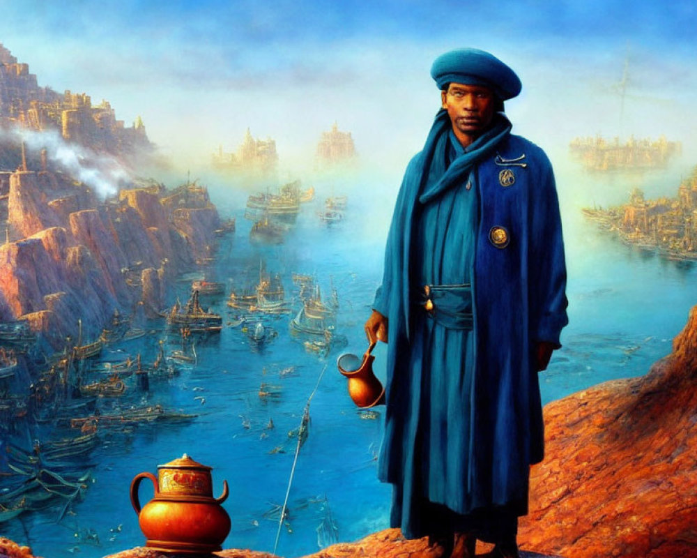 Person in Blue Cloak and Turban Overlooking Ancient Harbor with Ships