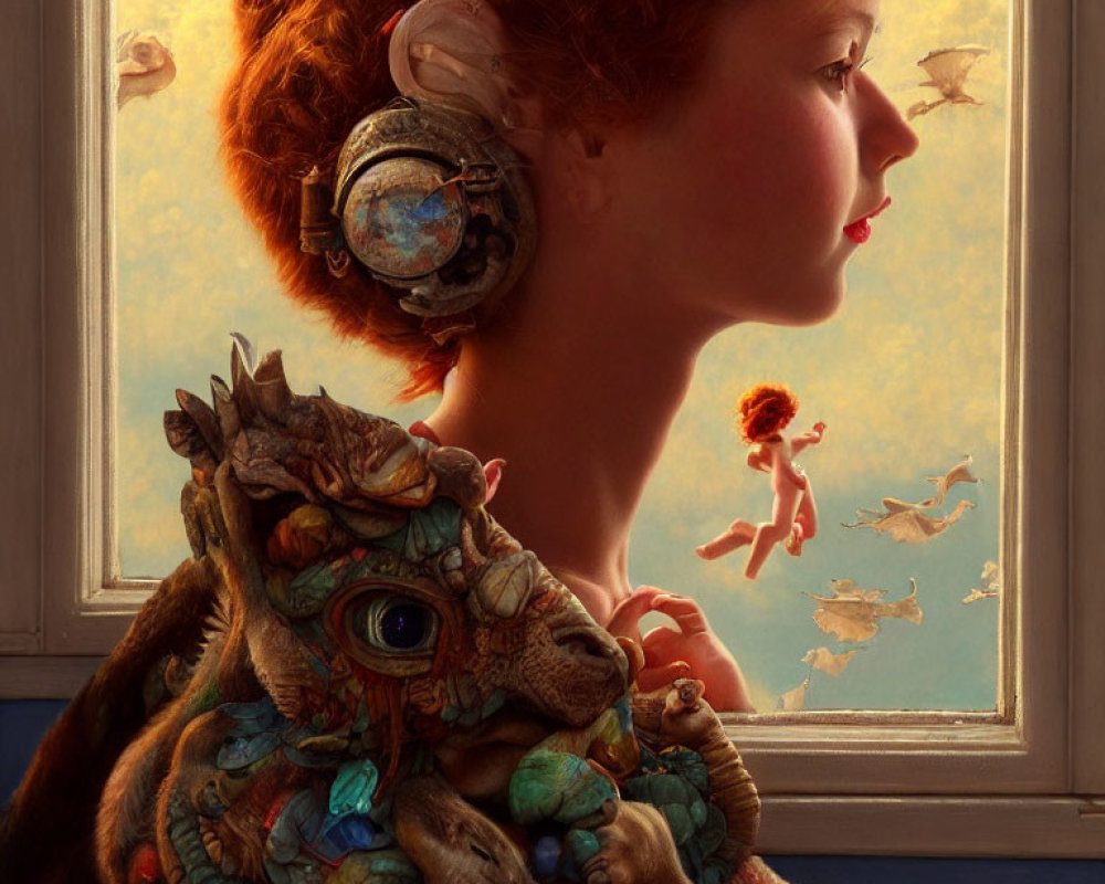 Futuristic woman with headset holding whimsical dragon, observing flying people