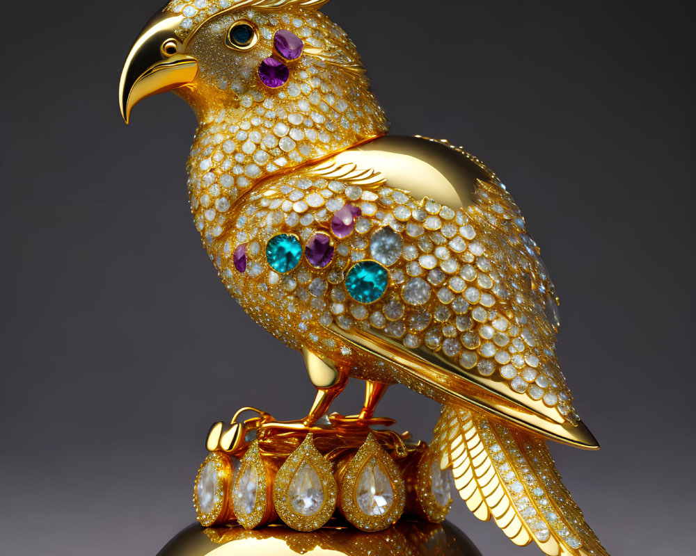 Golden Jeweled Eagle Figurine with Opal Base and Crystals