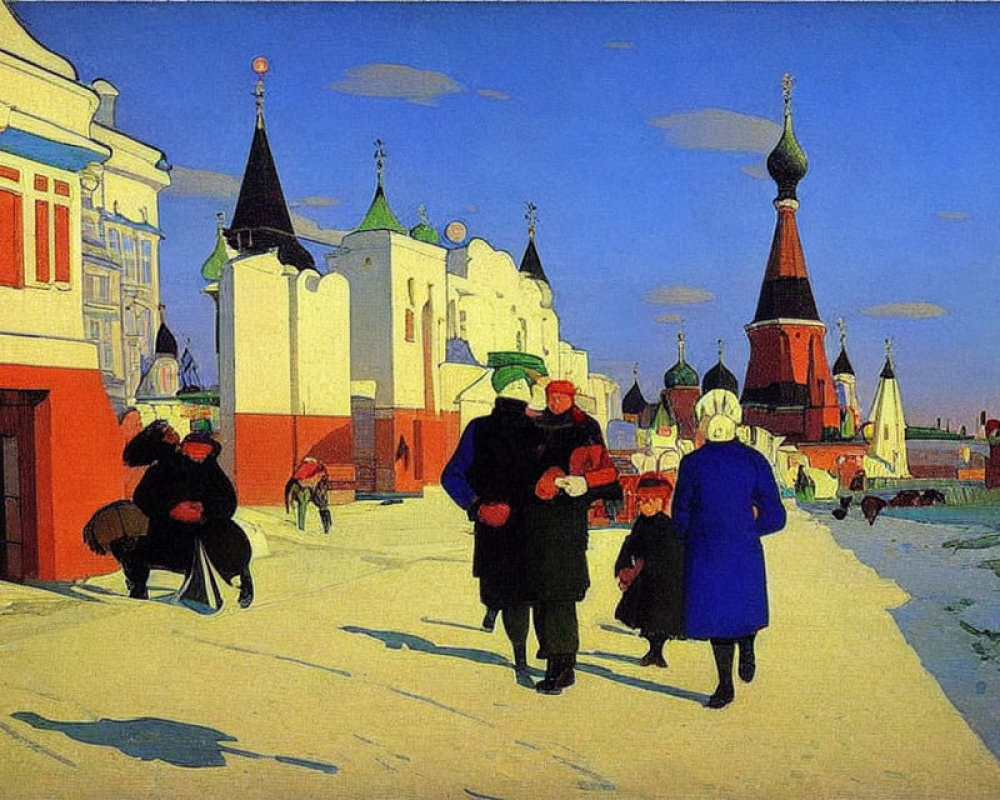 Vibrant painting of people on sunlit street with Russian architecture