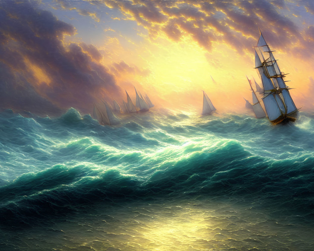 Sailing ships on ocean waves under dramatic sunset sky