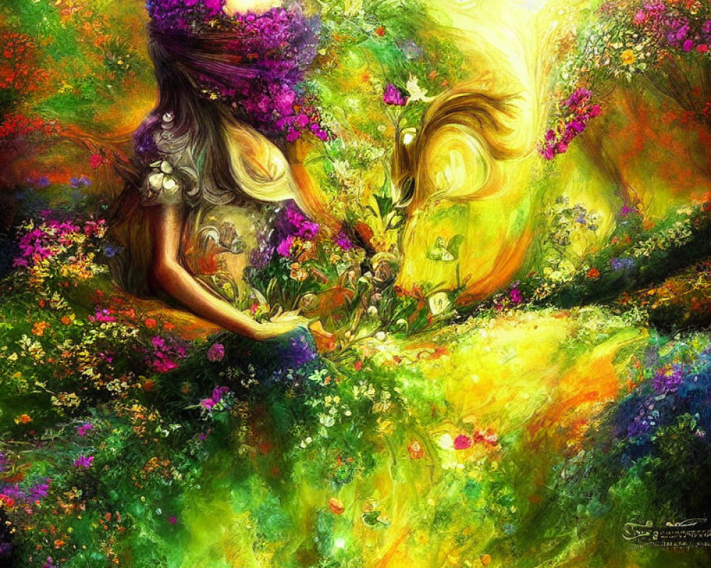 Colorful Artwork: Woman Amid Vibrant Flora and Abstract Garden