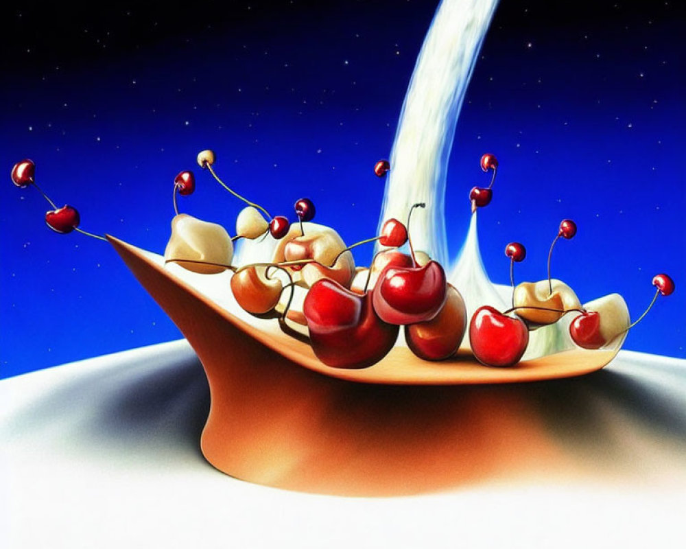 Surreal illustration: cherries, splashing milk in boat-shaped bowl, starry sky.