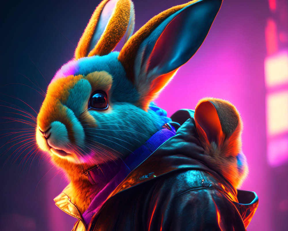 Stylized digital image: Neon rabbit in jacket against city lights