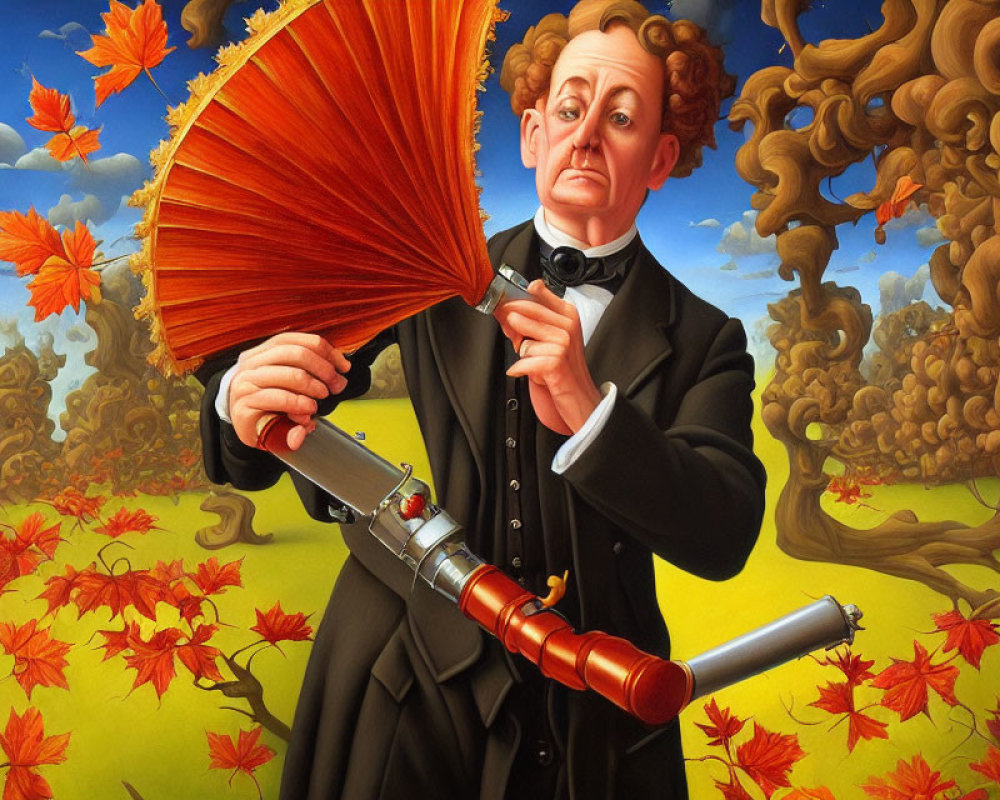 Colorful painting of man with umbrella and leaf blower in surreal setting