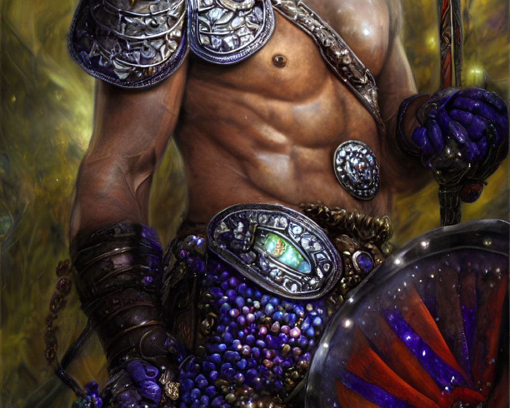 Muscular warrior in ornate armor with sword amidst treasure trove