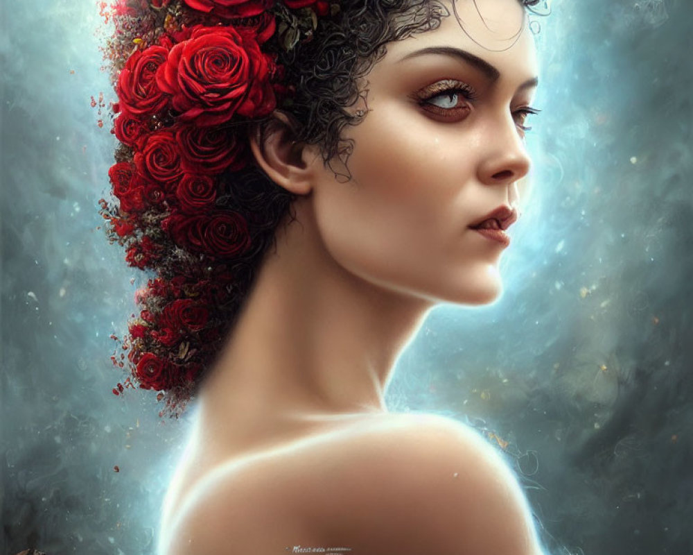 Portrait of woman with red rose crown in mystical setting