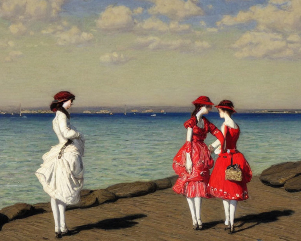 Vintage attired women on pier by sea, two in red dresses, one in white, under sunny