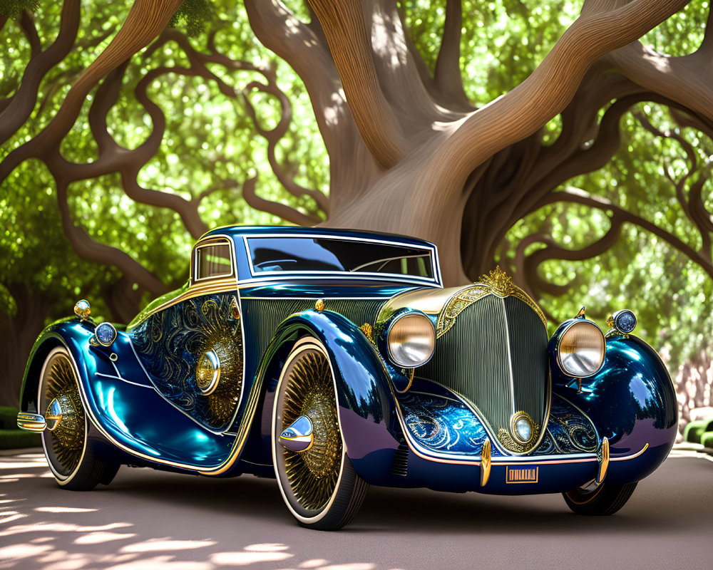 Vintage Car with Gold Detailing and Blue Finish Under Twisting Tree