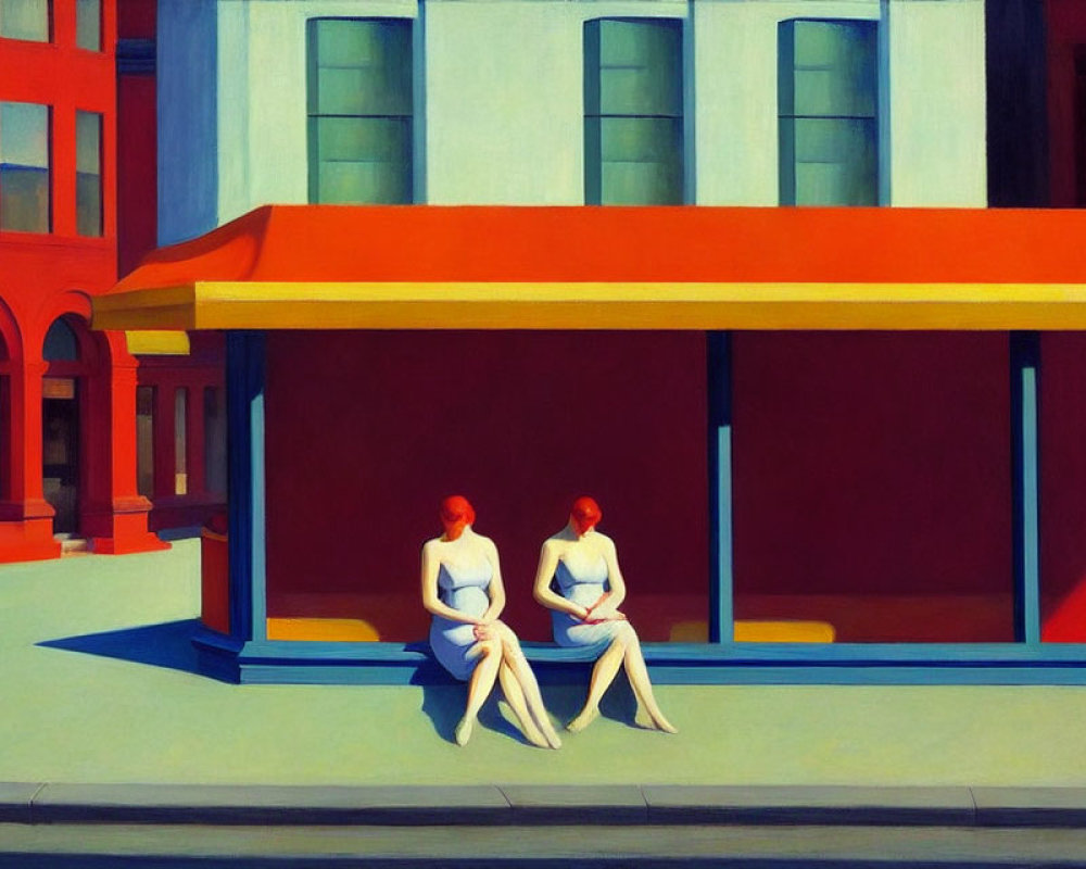 Urban scene with two people, bold red accents, and strong shadows.