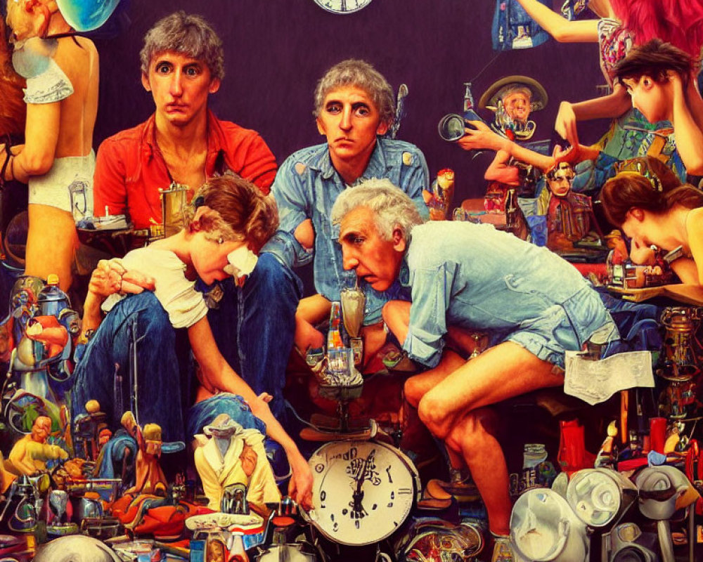 Surreal artwork with multiple figures in various ages surrounded by toys, clocks, and artworks