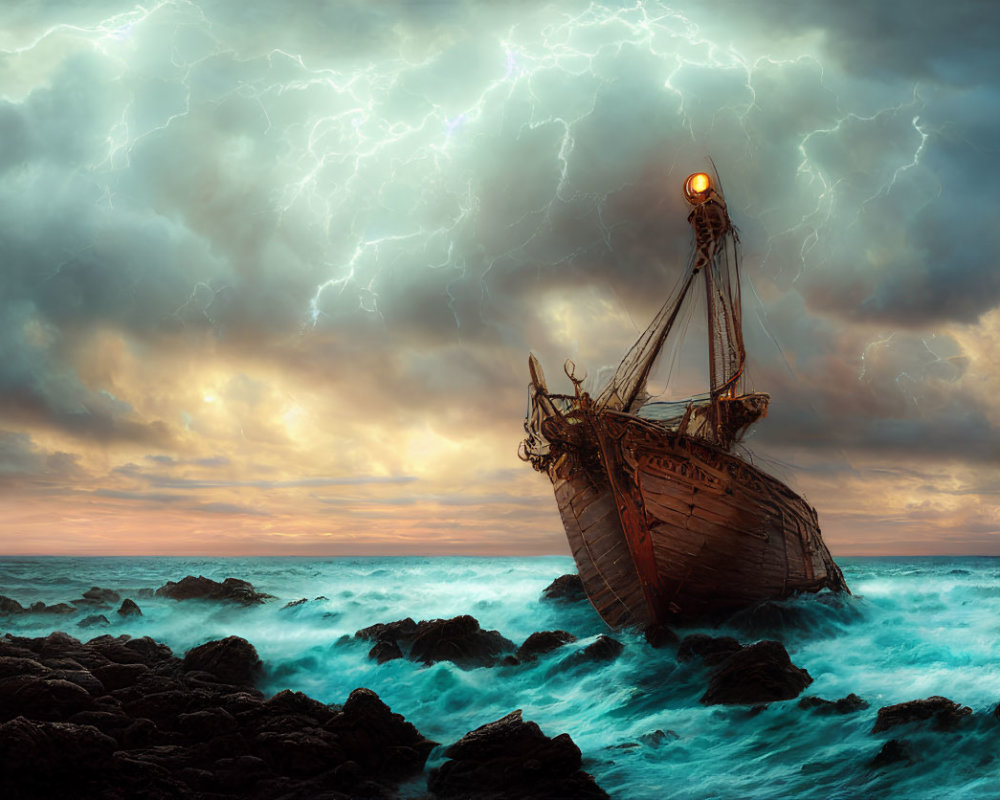 Shipwreck on Jagged Rocks Amid Lightning and Turbulent Waves at Dusk