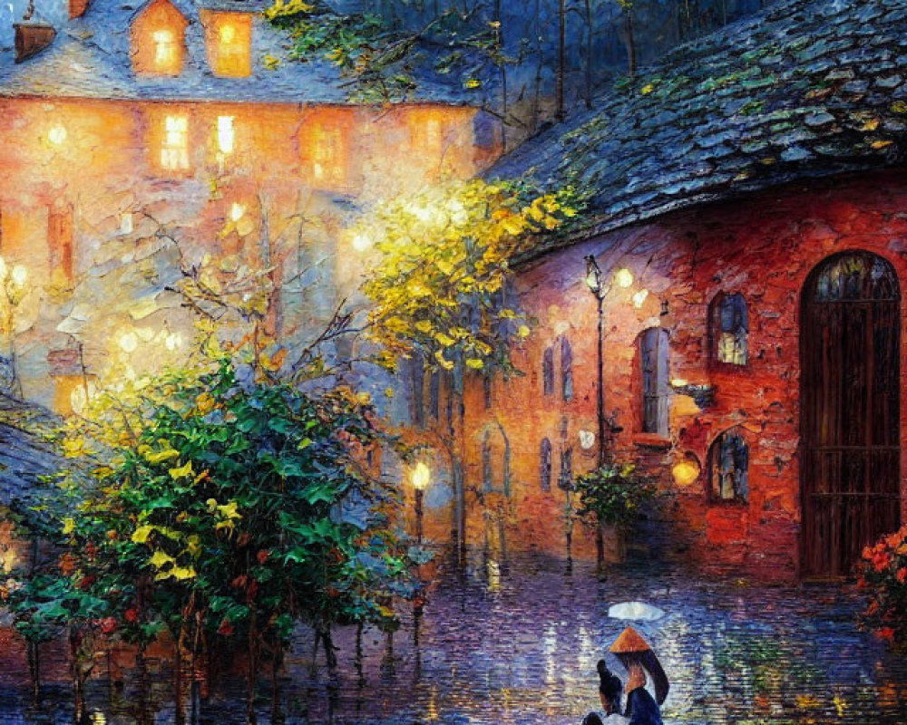 Impressionistic painting of two individuals in a boat under an umbrella on luminous waterway