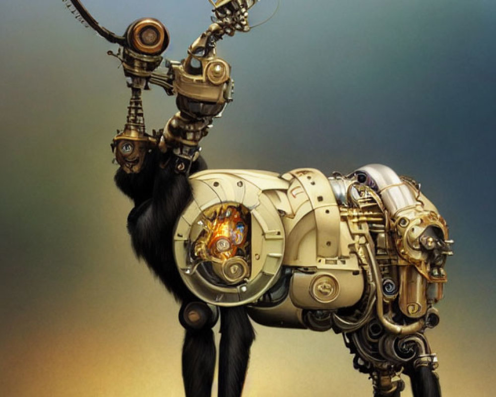 Robotic centaur with gorilla upper body and machine lower body holding futuristic device.