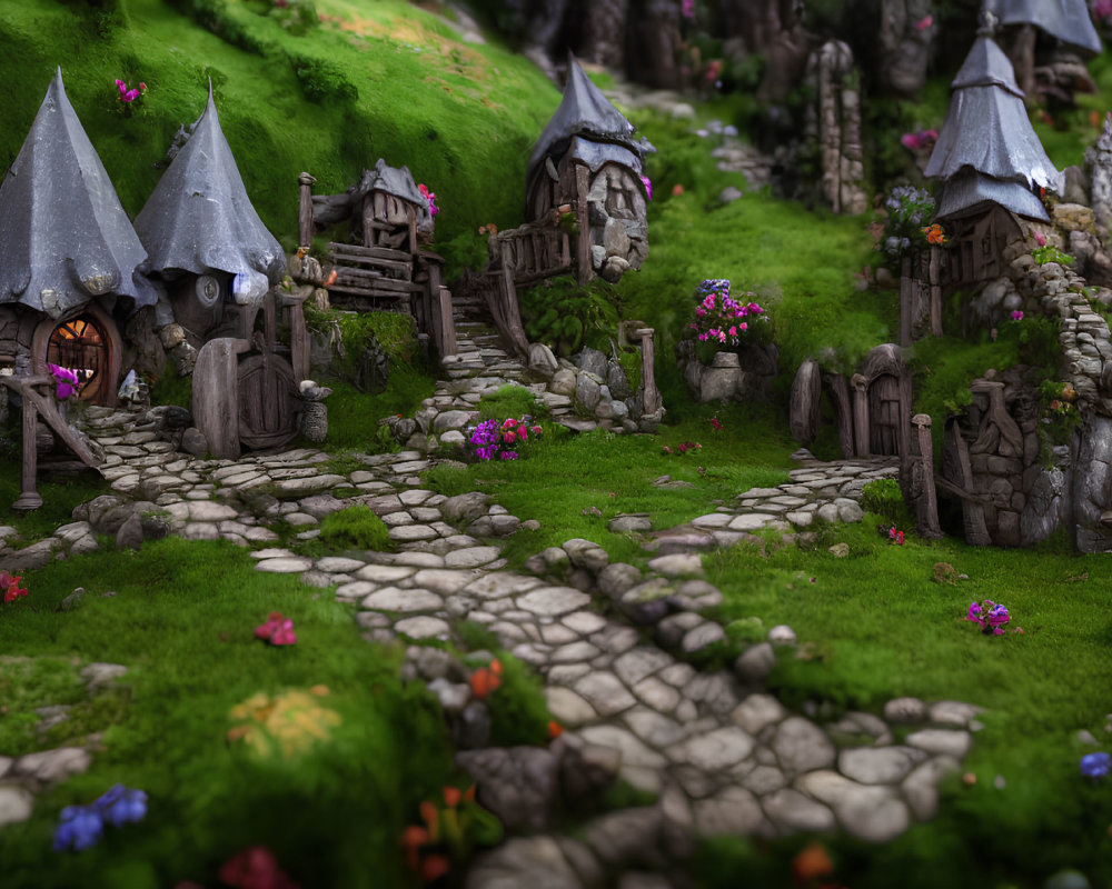 Miniature Fantasy Village with Moss-Covered Cottages