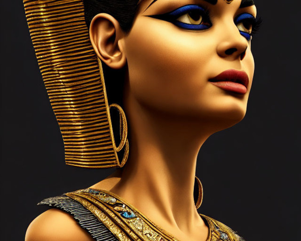 Ancient Egyptian-inspired profile portrait with golden headdress and blue eyeshadow