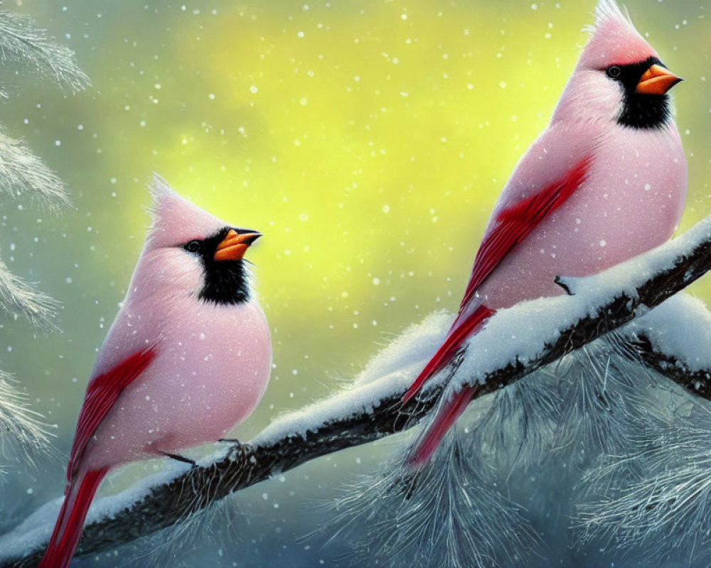 Two red cardinals on snowy branch in yellow-lit setting