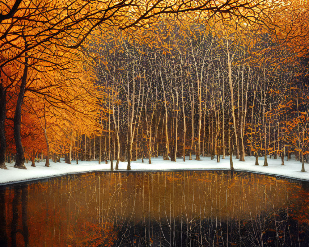 Tranquil winter pond with snow-covered trees and golden leaves reflected