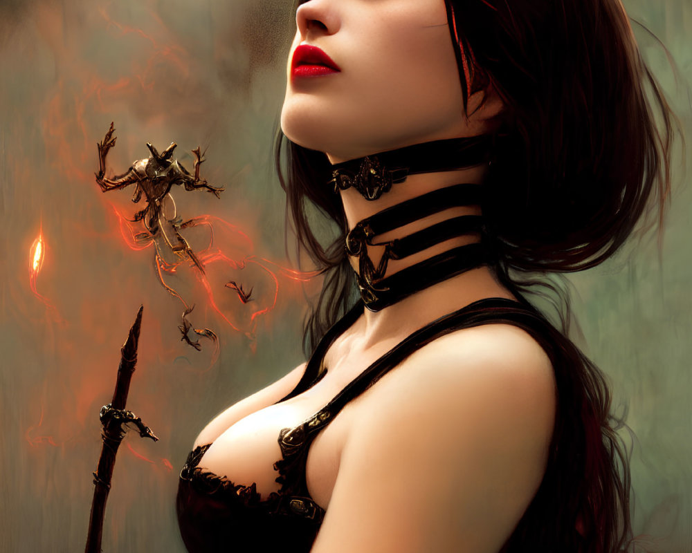 Digital Artwork: Woman with Dark Hair, Black Choker, Fiery Wand, Misty Background