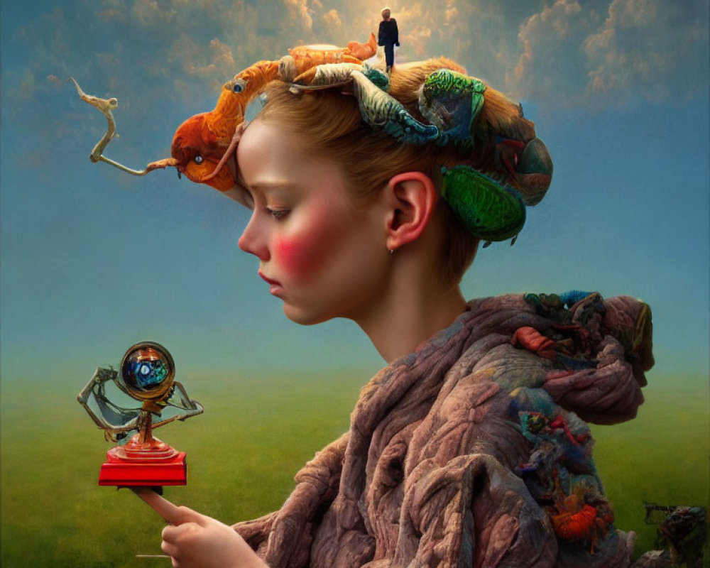 Surreal portrait of a woman with knitted fabric headdress and reptiles, holding a globe