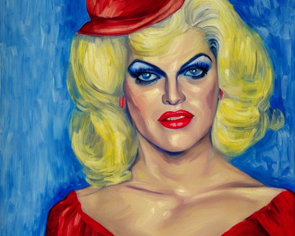 Vibrant drag queen portrait in red hat, dress, blonde hair, and bold makeup