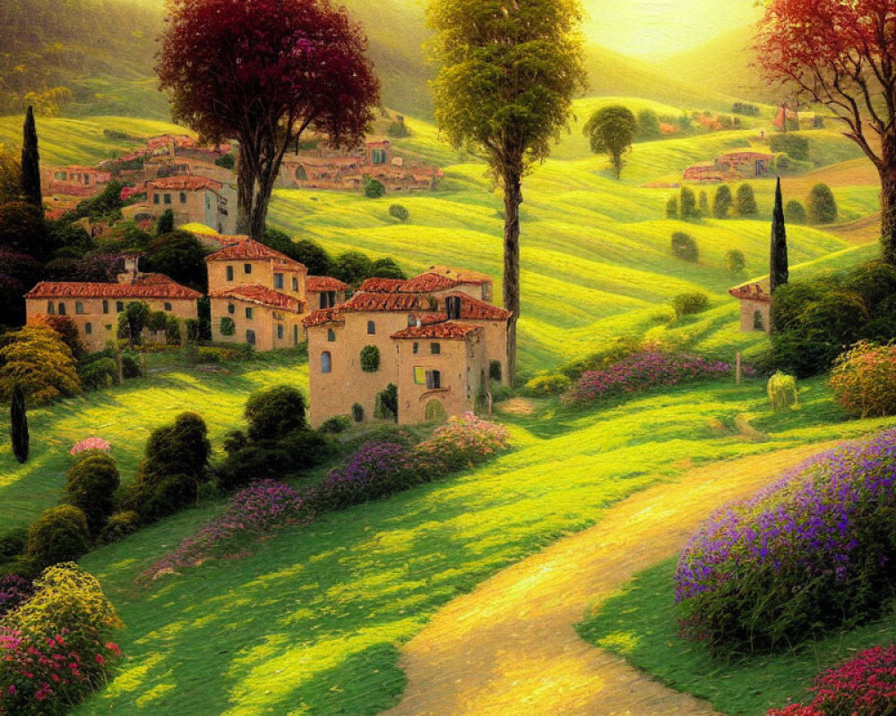 Scenic landscape with rolling hills, green fields, stone houses, and golden sunset