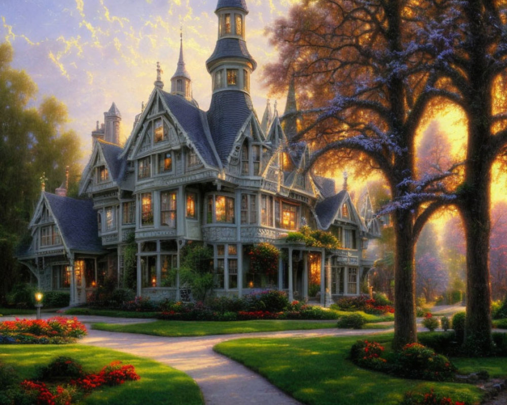 Victorian-style mansion with lush gardens and sunset light path