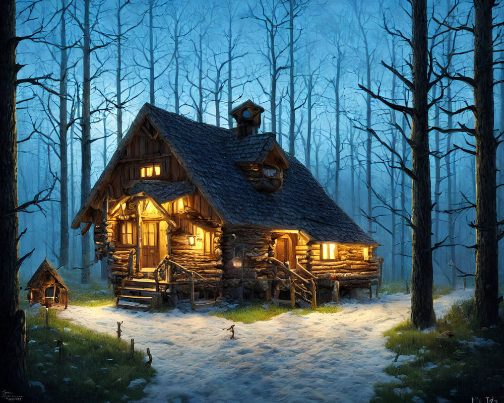 Snowy forest log cabin glowing at dusk in serene winter landscape